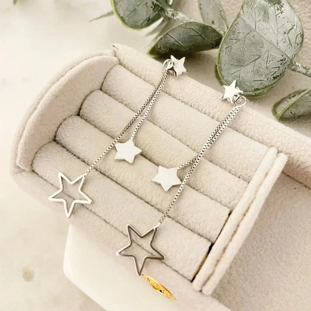 925 Sterling Silver Star Dangle Earrings Long Star Tassel Chain Drop Earrings - Picture 4 of 6